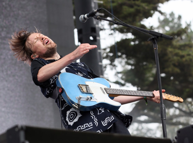 SAN FRANCISCO, CA - AUGUST 08:  Musician Vincent Neff of Django Django performs at the Twin Peaks Stage during day 2 of the 2015 Outside Lands Music And Arts Festival at Golden Gate Park on August 8, 2015 in San Francisco, California.  (Photo by FilmMagic/FilmMagic)